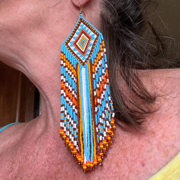 Native American Style Earrings Handmade Beaded Long Fringe Southwest Dangles - Picture 3 of 9